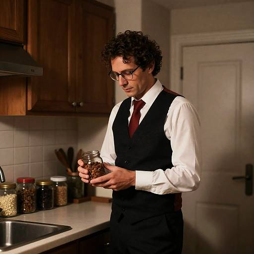 Focused Man in Dimly Lit Kitchen
