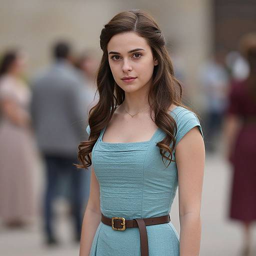 Photograph of a young woman with long brown hair, wearing a light blue dress with brown belt, standing in a blurred outdoor crowd. She has a