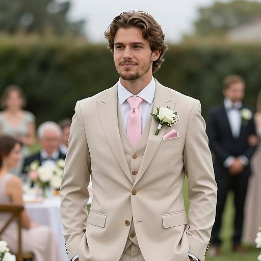 Young Man in Beige Suit at Outdoor Wedding