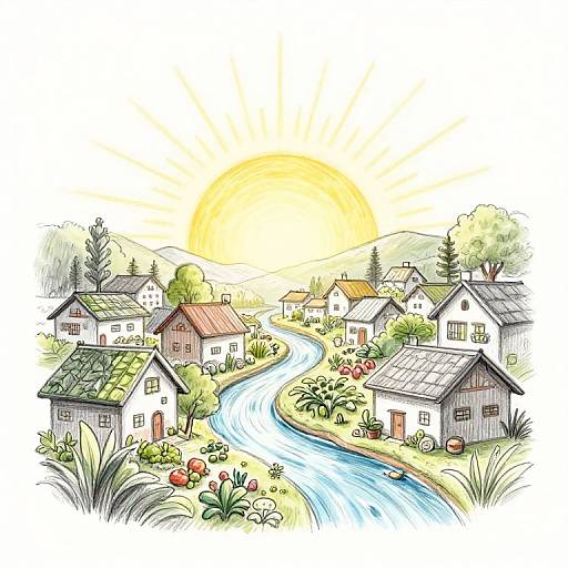 Colorful illustration of a quaint village with winding blue river, sunlit houses, green roofs, and blooming flowers under a bright yellow sun.