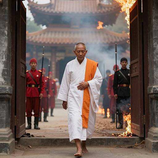 Elderly Monk Amidst Fiery Chaos