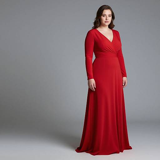Photograph of a plus-size woman with fair skin and dark wavy hair, wearing a long-sleeve, V-neck, floor-length red gown