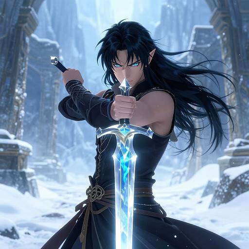 Anime Elf Warrior with Crystal Sword in Snowy Ruins