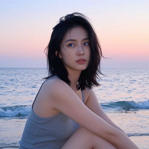 Photograph of an Asian woman with shoulder-length black hair, wearing a gray tank top, sitting on a beach at sunset. Soft pastel sky and
