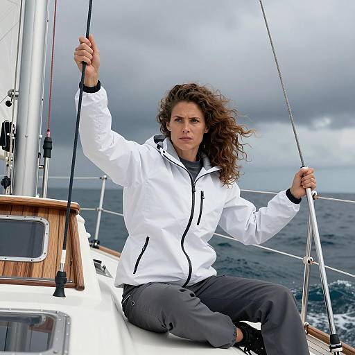 Intense Woman on a Sailboat Deck