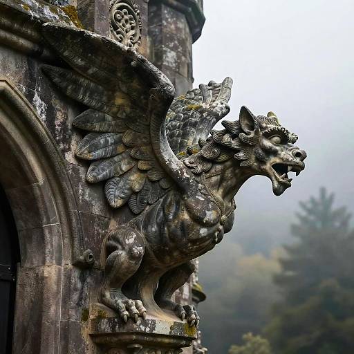 Photograph of a detailed, weathered stone gargoyle with wings and an open mouth, perched on a moss-covered Gothic architectural structure, with