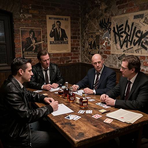 Photograph of four men in black suits and leather jackets, playing poker in a dimly lit, graffiti-covered, brick-walled room.