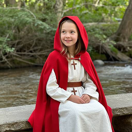 Photograph of a young girl with light brown hair, wearing a red hooded cloak and white dress, sitting on a riverbank with lush green forest