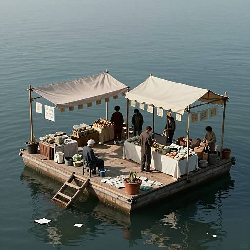 Photograph of a floating market stall on calm water, featuring two white canopy tents, wooden platform, vendors, customers, and various goods.