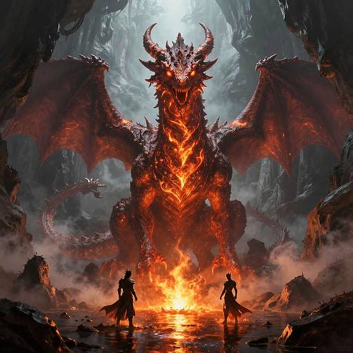 Digital art: Massive, glowing red dragon with fiery cracks, towering wings, and horns, standing in a volcanic cavern. Two silhouetted warriors