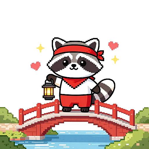 Pixel Art Raccoon on Red Bridge