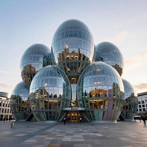 Photograph of the Gherkin building, a modern glass skyscraper with distinctive spherical domes, reflecting the cityscape, set against a clear blue