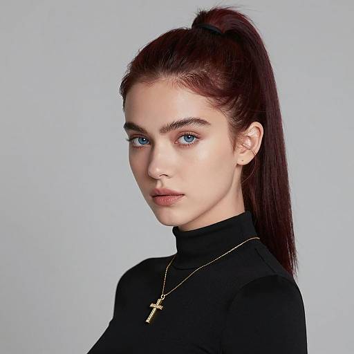 Portrait of Woman with Dark Red Ponytail and Gold Cross Necklace