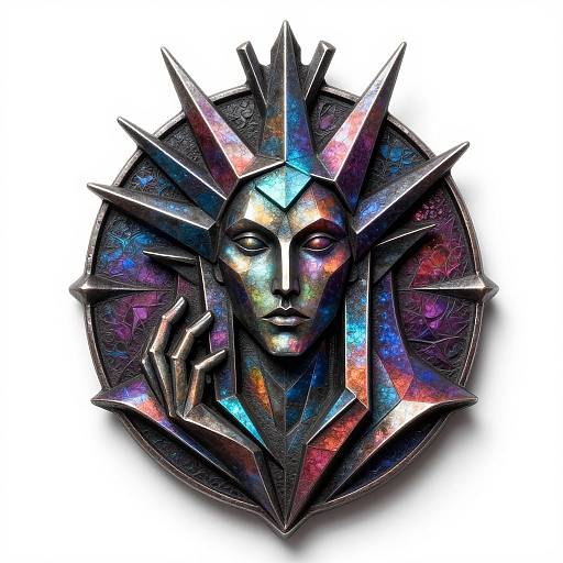 Digital art of a metallic, multicolored, spiked Statue of Liberty face with a hand touching its cheek, vibrant hues, cosmic patterns.