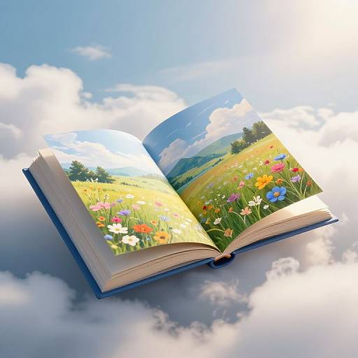 Photograph of an open book floating in the sky, displaying a vibrant field of colorful flowers and mountains under a bright blue sky with fluffy white clouds.