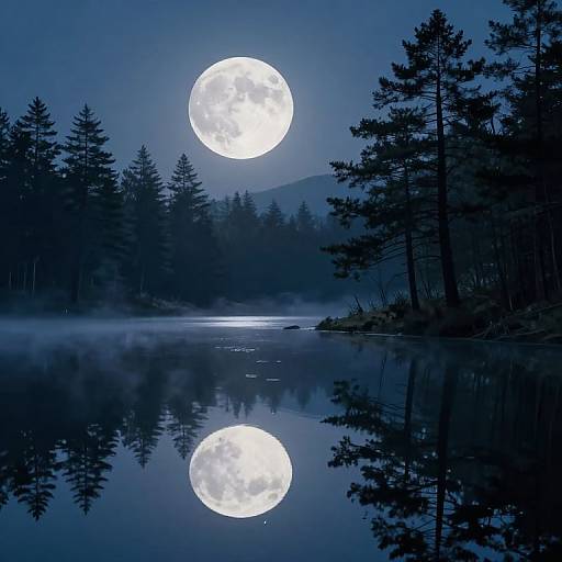 Photograph of a moonlit forest lake; full moon reflecting in calm water, surrounded by silhouetted pine trees, misty atmosphere, and