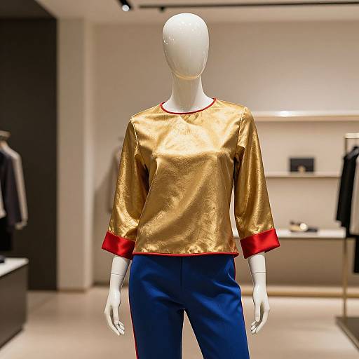 Photograph of a headless mannequin wearing a gold, long-sleeve top with red cuffs, and blue pants, displayed in a modern