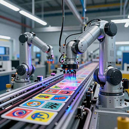 Photograph of a high-tech manufacturing assembly line with three robotic arms producing colorful, illuminated circuit boards in a brightly lit factory.