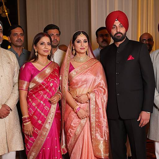 Photograph of two Indian women in vibrant sarees (pink and peach) with gold embroidery, standing beside a bearded man in a black suit and