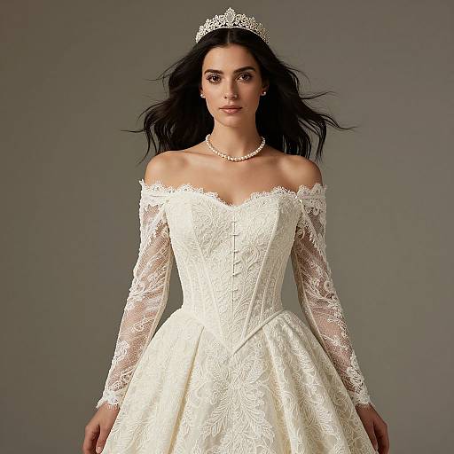 Photograph of a dark-haired woman wearing an off-shoulder, lace wedding dress with long sleeves, pearl necklace, and silver tiara against a