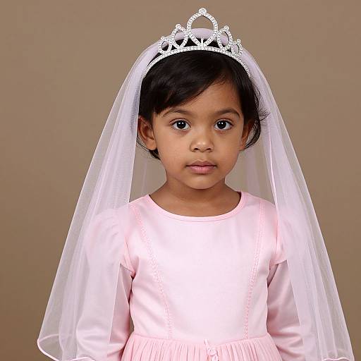 Photograph of an Indian girl with dark skin, black hair, wearing a white tiara, veil, and pink dress, against a beige background.