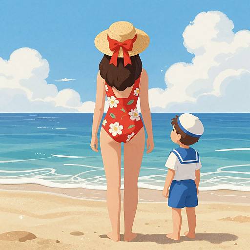 Digital illustration of a woman in a red floral swimsuit and straw hat, and a boy in a sailor outfit, standing on a sunny beach facing the
