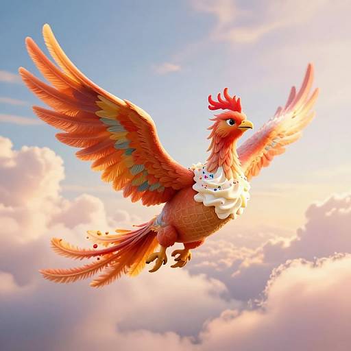 Digital artwork of a vibrant, red-orange phoenix with large, detailed wings, soaring against a bright, cloudy sky, sunlight illuminating its feathers.