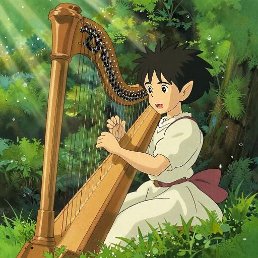Anime-style digital drawing of a young boy with spiky black hair, white dress, and red sash, playing a wooden harp in a sun