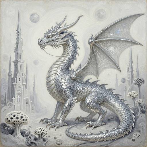 Digital illustration of a silver-scaled, majestic dragon with large, translucent wings, standing in a dreamlike, monochromatic fantasy landscape with spires
