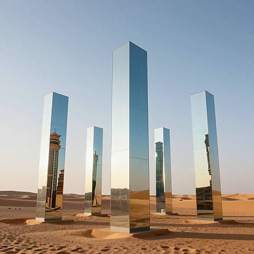 Photograph of tall, reflective glass pillars standing in a sunlit desert, with clear blue sky and sandy dunes in the background.