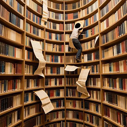 Photograph of a person climbing a vast, curved wooden bookshelf filled with colorful books, with flying paper sheets mid-air.