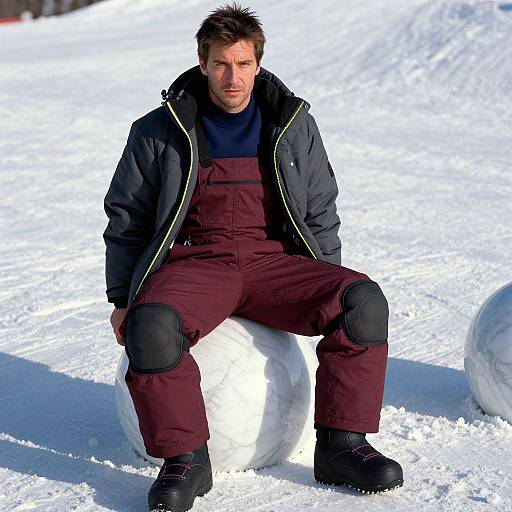 Photograph of a rugged, bearded man in a dark jacket and maroon pants, sitting on a snowbank, with snow-covered ground and bright
