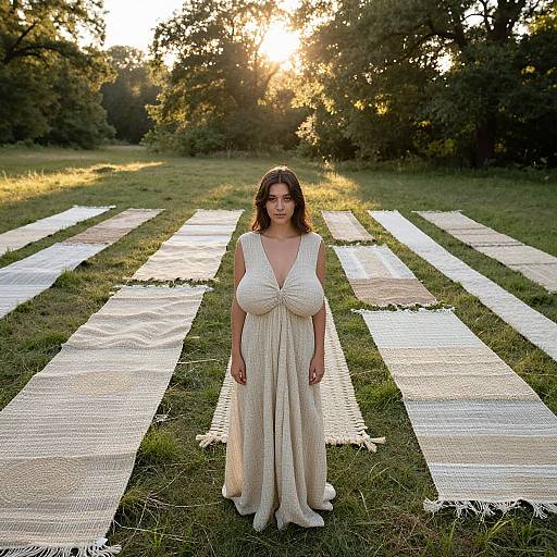 Photograph of a curvy woman with large breasts in a white, deep V-neck gown, standing on striped picnic blankets in a sunlit, grass