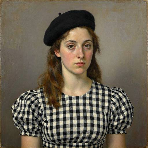 Photorealistic painting of a young woman with fair skin, brown eyes, and brown hair, wearing a black beret and black-and-white checkered