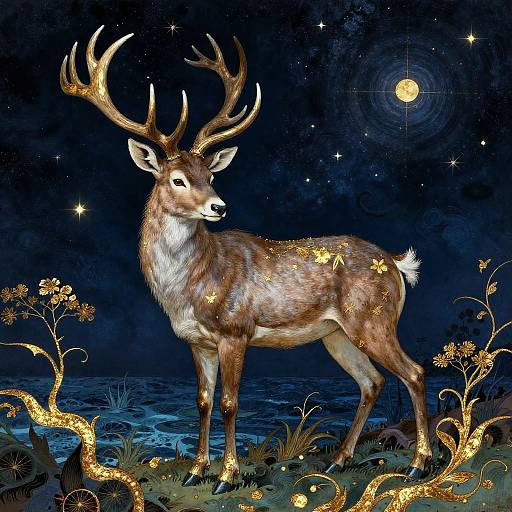 Digital illustration of a majestic, antlered deer illuminated by golden fairy lights, standing in a dark, starry night landscape with glowing flowers and a