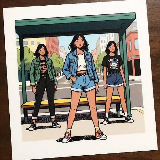 Retro City Bus Stop Fashion Scene