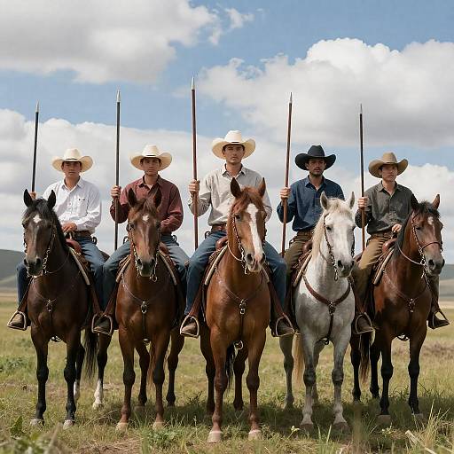 Five Cowboys Riding Horses in a Field
