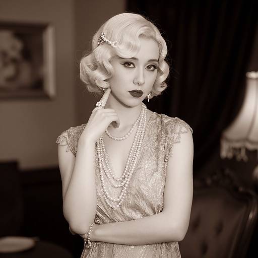 Black-and-white photograph of a 1930s-style blonde woman with curled hair, wearing a beaded dress and pearl necklace, touching her lip thought