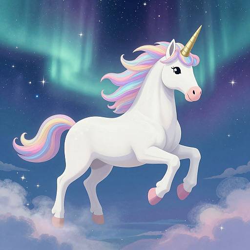 Digital illustration of a majestic, white unicorn with a rainbow mane and tail, galloping through a cloudy night sky with aurora borealis.