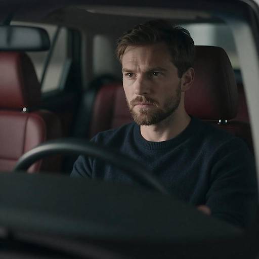 Serious man driving dark car with red seats