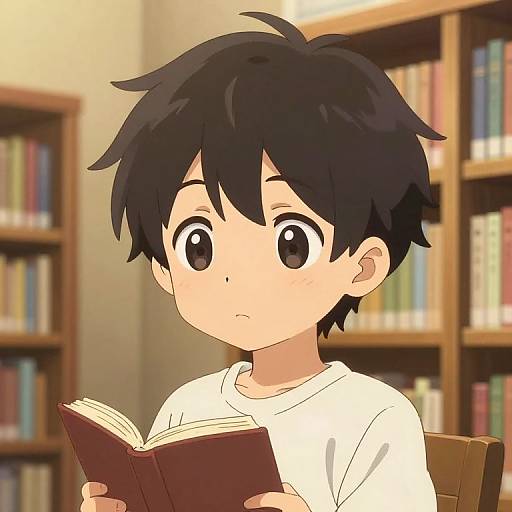 Anime-style drawing of a young boy with black hair and large eyes, wearing a white shirt, reading a book in a library.