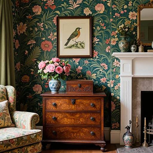 Vibrant, floral-patterned wallpaper room with wooden dresser, pink roses, bird illustration, white fireplace, floral armchair, and decorative vases
