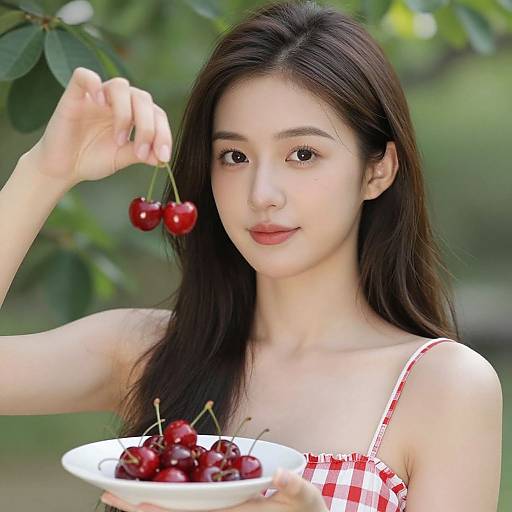 Photograph of an Asian woman with long black hair, wearing a red-and-white checkered dress, holding a bowl of cherries and picking a cherry