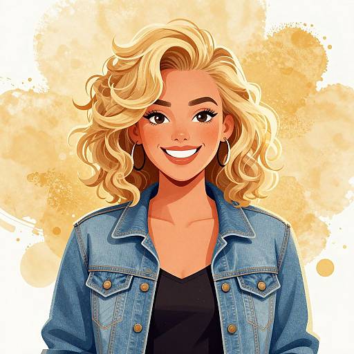Digital illustration of a smiling blonde woman with wavy hair, wearing a blue denim jacket over a black top, against a yellow watercolor background.