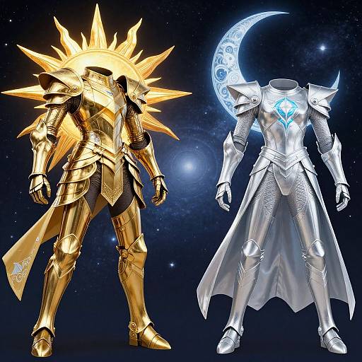 Digital artwork of two armored figures: left in glowing gold with sun-like headgear, right in silver with crescent moon headgear.