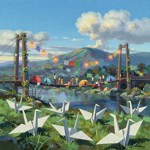Gouache Painting of Origami Cranes and Reclaimed Suspension Bridge