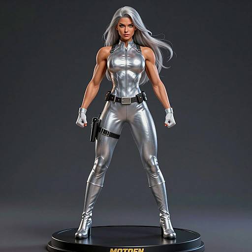 Muscular Woman in Silver Superhero Suit