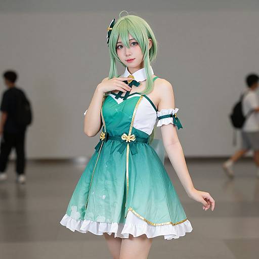 CGI anime-style woman with green hair, teal and white dress, black bow, white frills, and black straps, standing in a blurred indoor