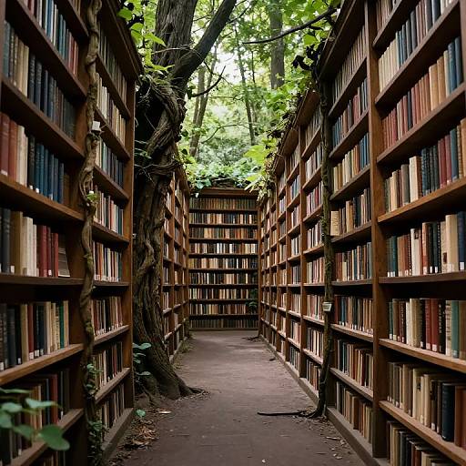 Photograph of a narrow library aisle with tall wooden bookshelves on both sides, vines climbing the left shelf, and sunlight filtering through green leaves at
