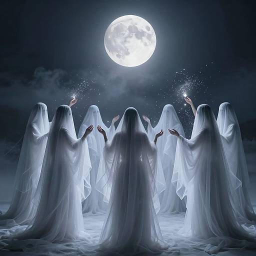 Digital artwork of seven ghostly figures in white, hooded robes, raising hands towards a bright full moon in a dark, misty night sky.
